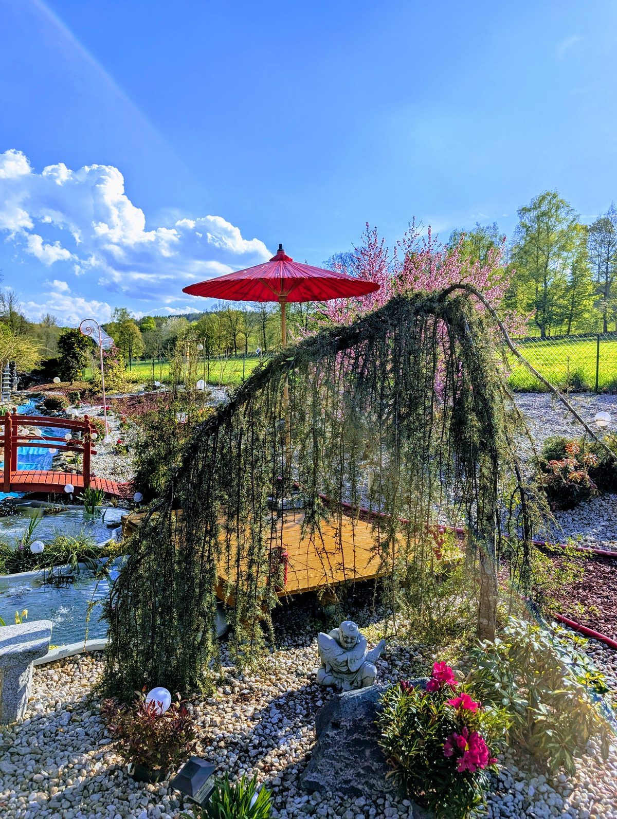 Japanischer Garten mit rotem Schirm