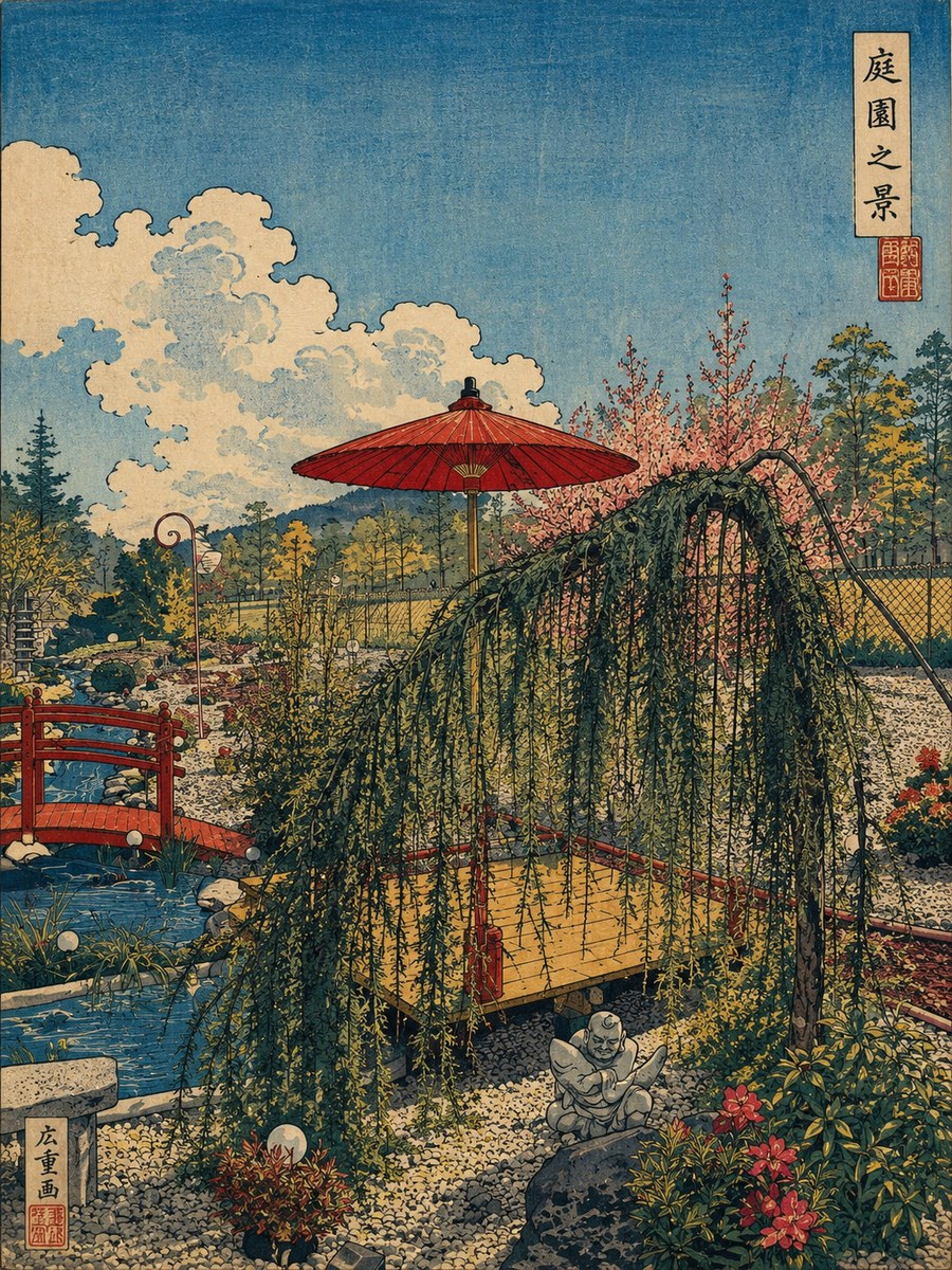 Japanischer Garten — Holzschnitt-Stil